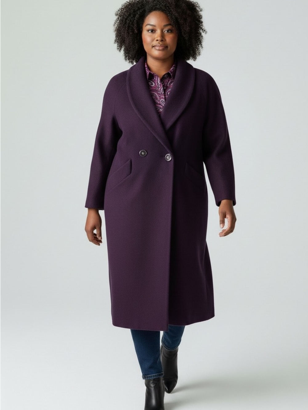 ANDREA FENZI Purple Shawl Collar Wool-Blend Trench Coat